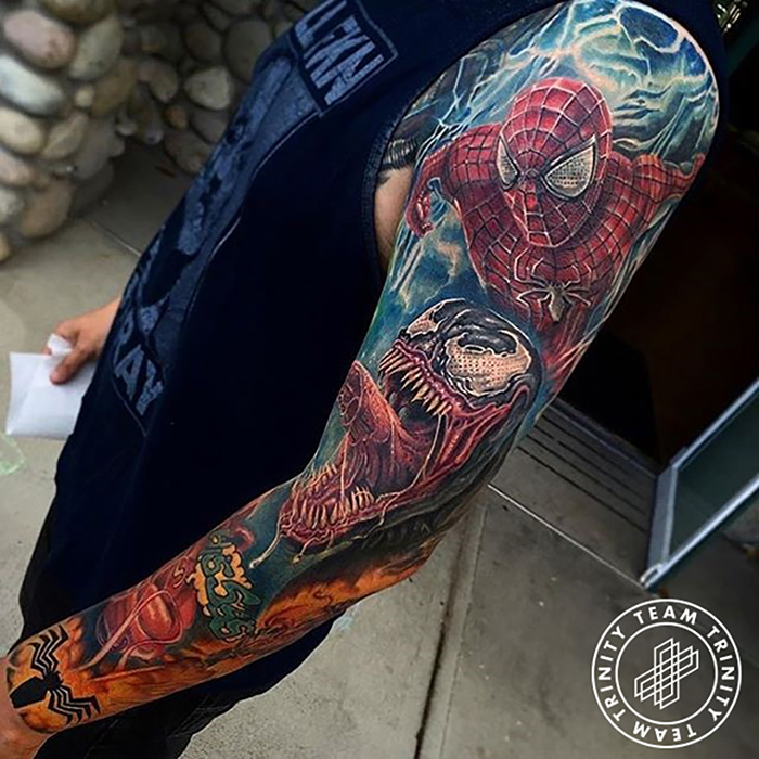 full spiderman arm sleeve tattoo
